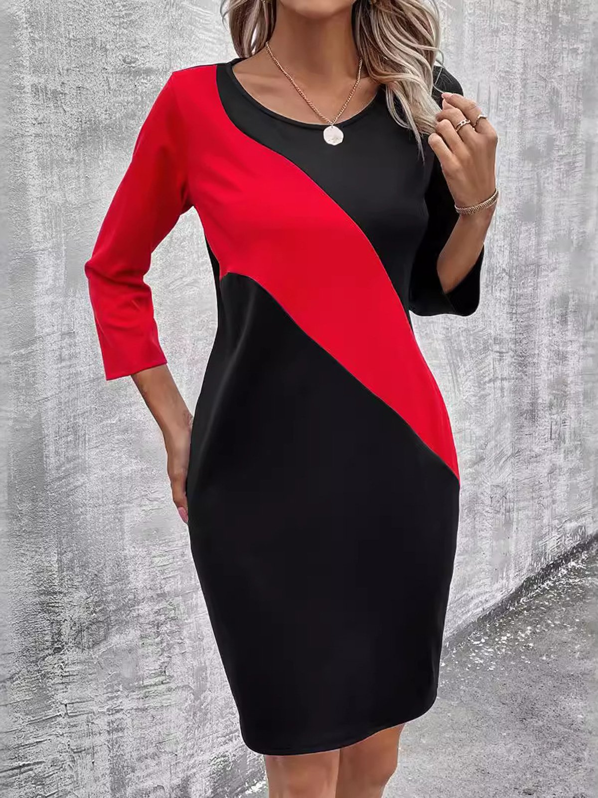 Women Color Block Crew Neck Long Sleeve Comfy Casual Midi Dress