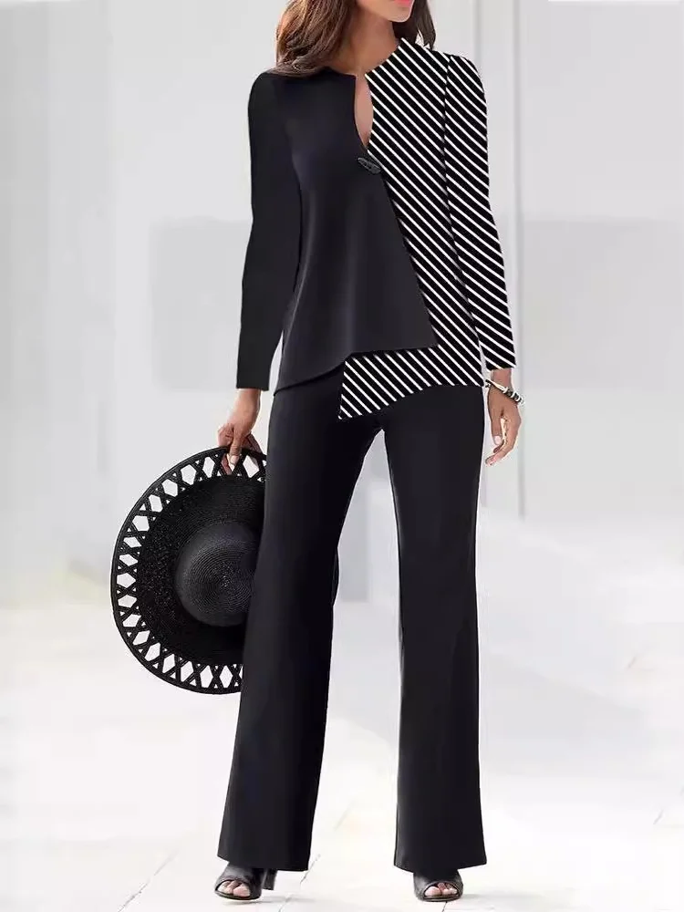 Women Geometric V Neck Long Sleeve Comfy Casual Top With Pants Two-Piece Set