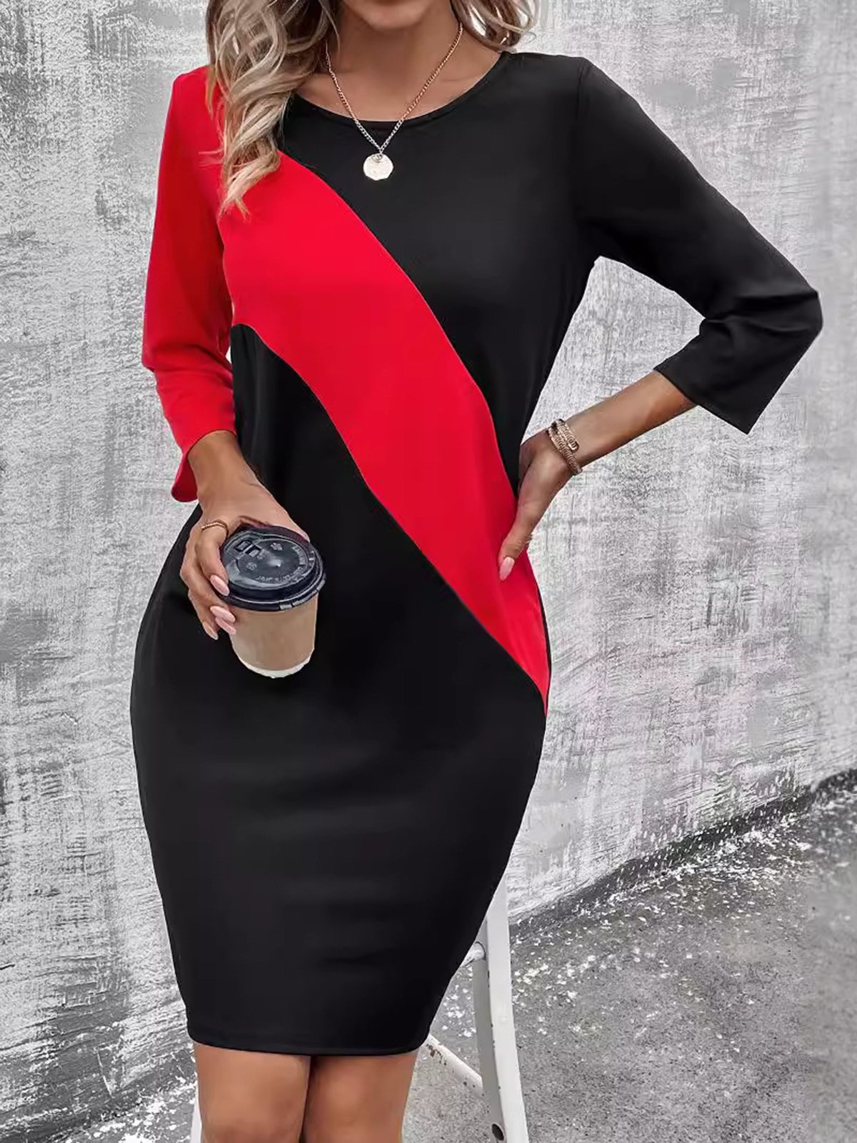 Women Color Block Crew Neck Long Sleeve Comfy Casual Midi Dress