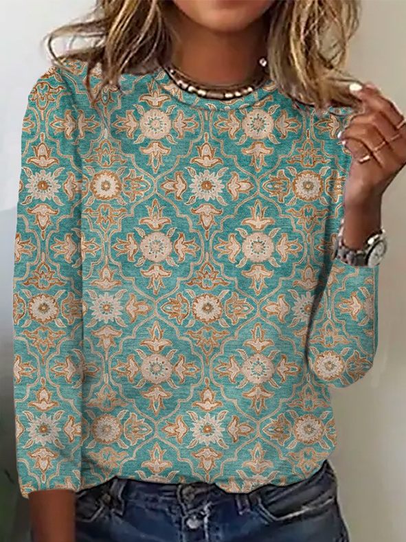 Casual Ethnic Crew Neck Long Sleeve T-shirt