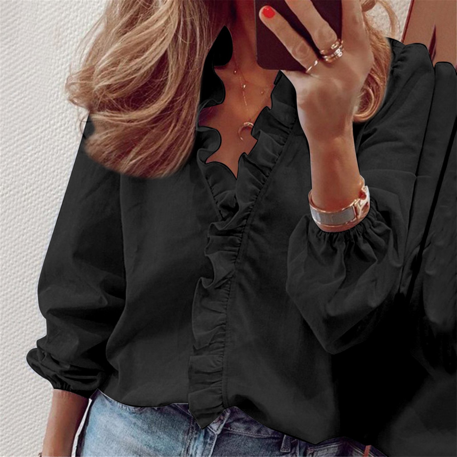 V Neck Long Sleeve Plain Regular Loose Blouse For Women