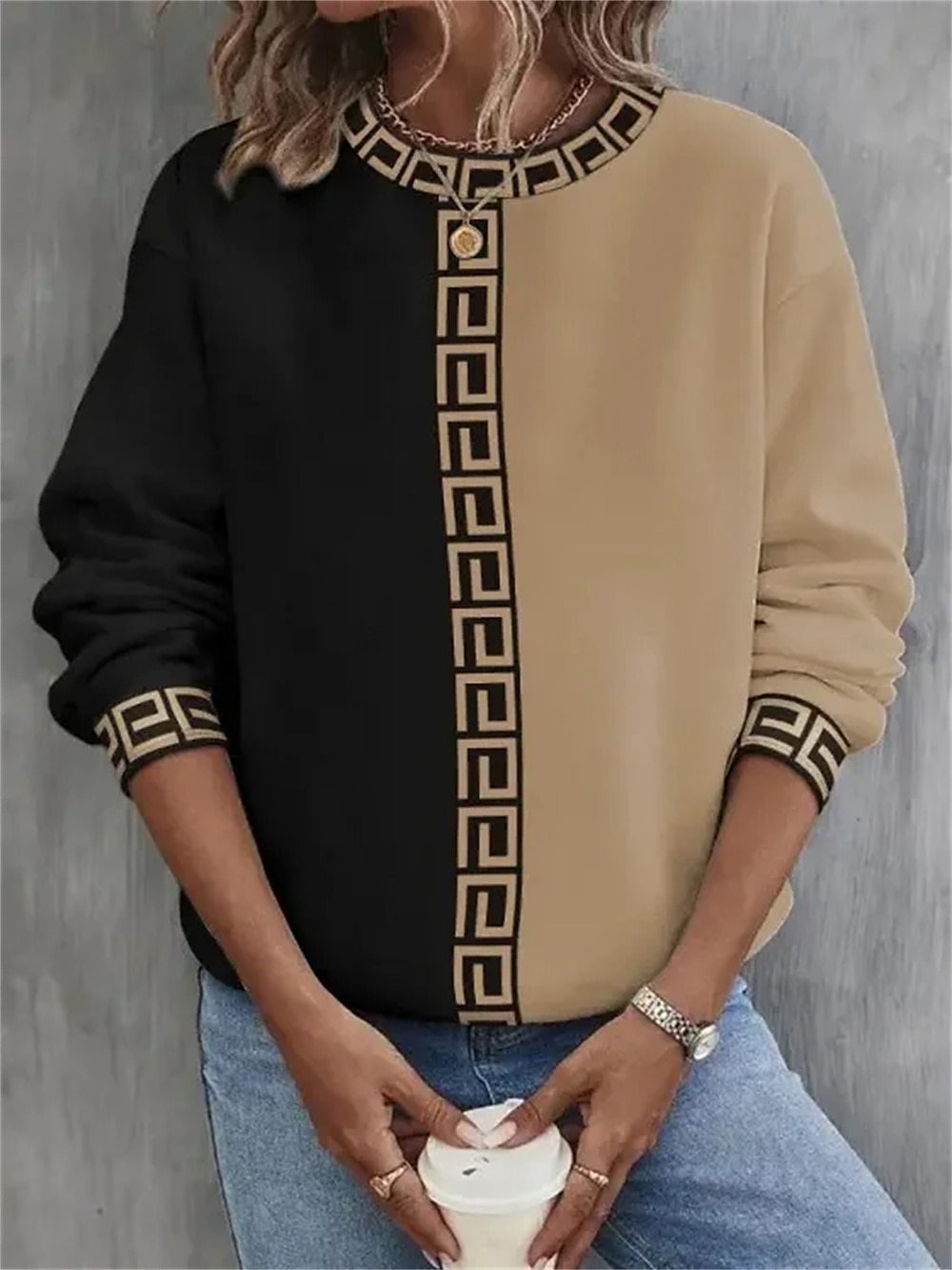 Casual Crew Neck Color Block Sweatshirt