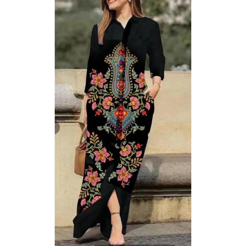 Women Geometric Stand Collar Long Sleeve Comfy Casual Maxi Dress