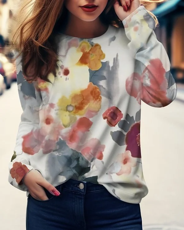 Casual Floral Crew Neck Long Sleeve T-shirt