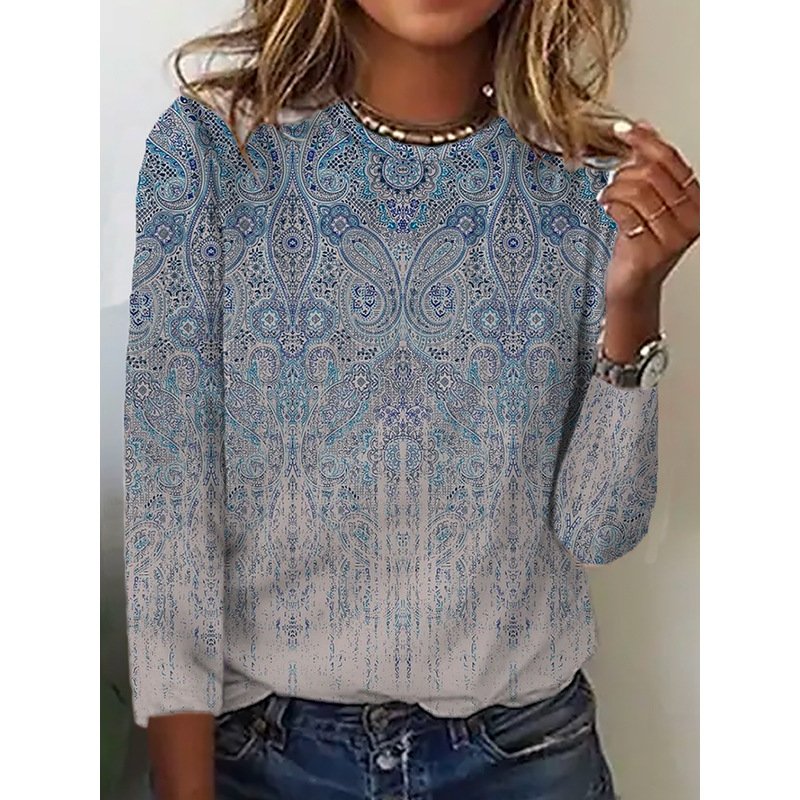 Casual Ethnic Crew Neck Long Sleeve T-shirt