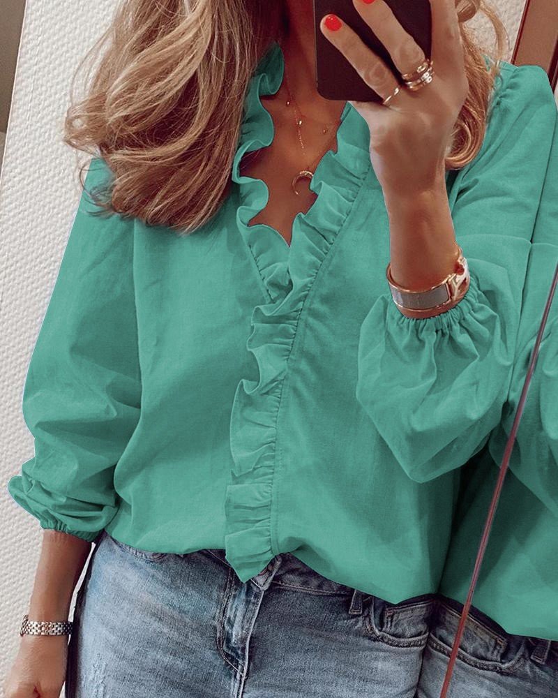 V Neck Long Sleeve Plain Regular Loose Blouse For Women