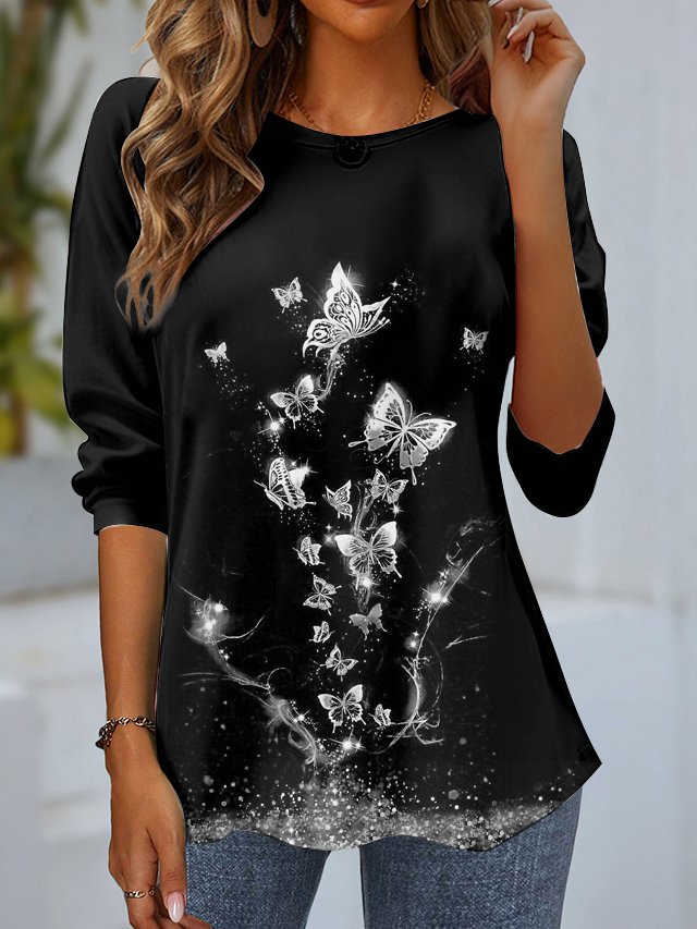 Casual Butterfly Crew Neck Long Sleeve T-shirt