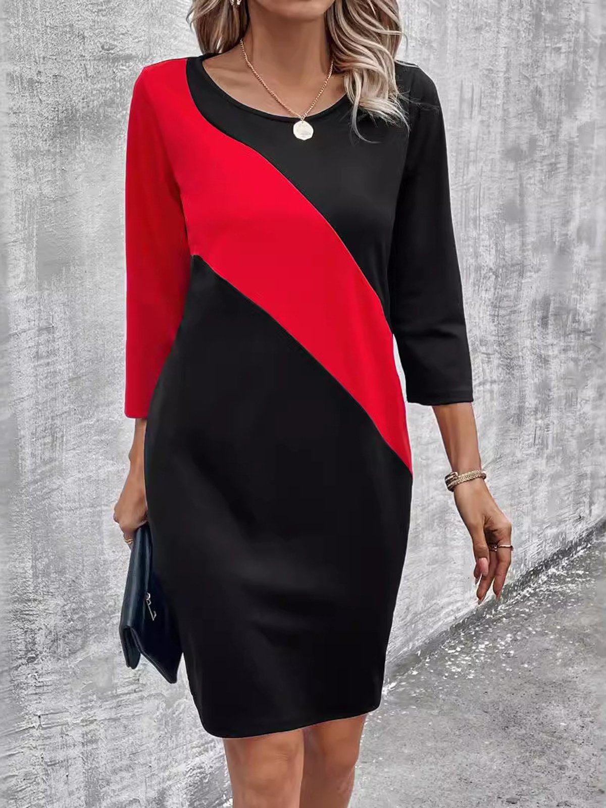 Women Color Block Crew Neck Long Sleeve Comfy Casual Midi Dress