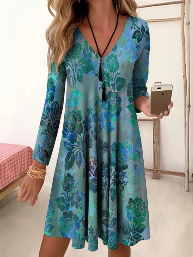 Women Floral V Neck Three Quarter Sleeve Comfy Casual Mini Dress