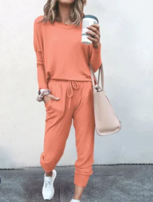 Women Plain Hoodie Long Sleeve Comfy Casual Top With Pants Two-Piece Set