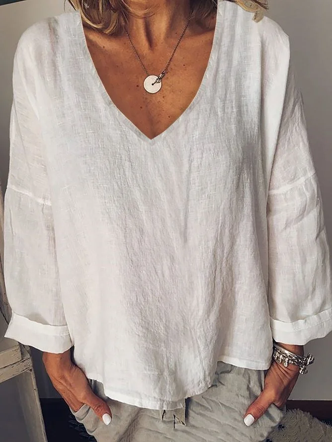 V Neck Long Sleeve Plain Regular Loose Blouse For Women