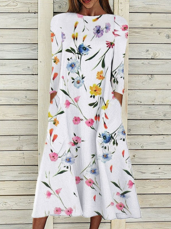 Women Floral Crew Neck Three Quarter Sleeve Comfy Casual Maxi Dress