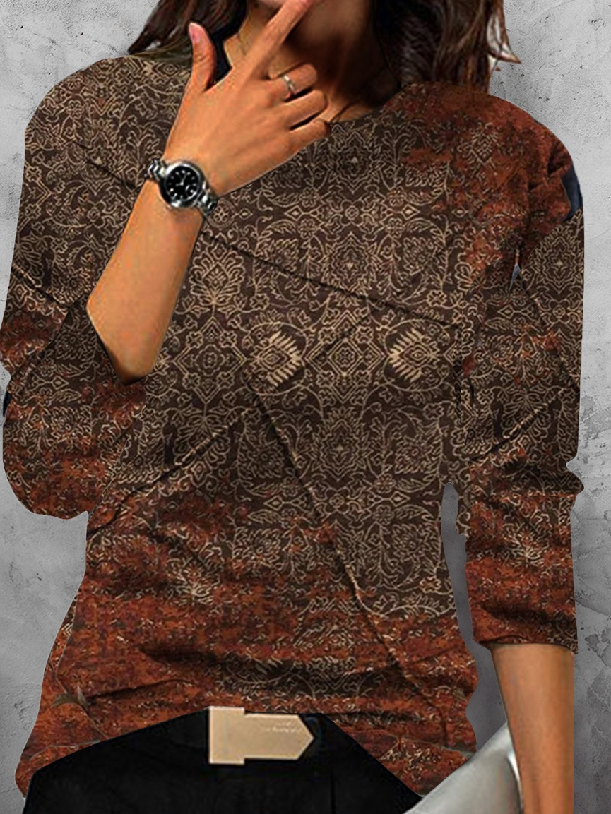 Casual Ethnic Crew Neck Long Sleeve T-shirt