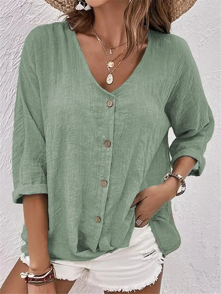 V Neck Long Sleeve Ombre Regular Loose Shirt For Women