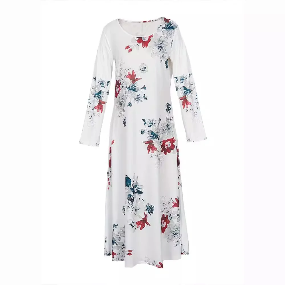 Women Floral Crew Neck Long Sleeve Comfy Casual Maxi Dress