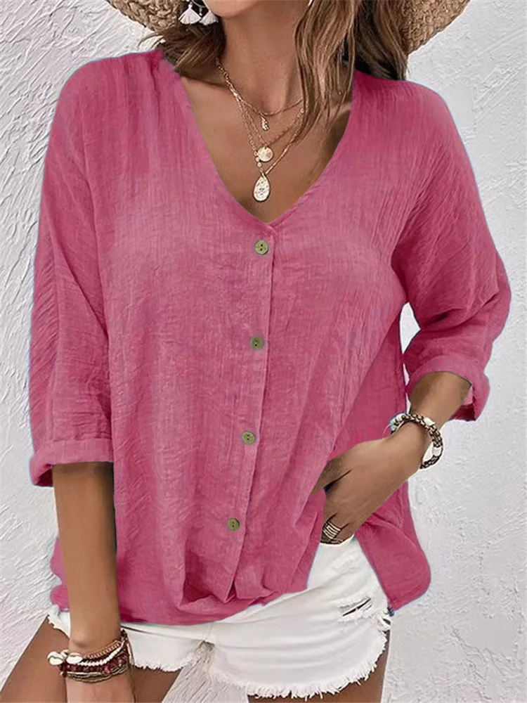 V Neck Long Sleeve Ombre Regular Loose Shirt For Women