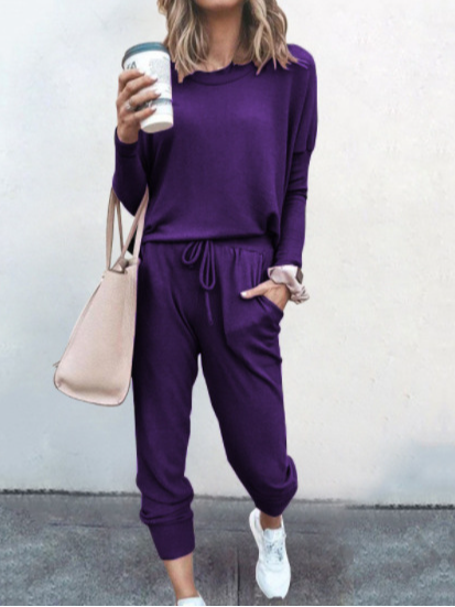 Women Plain Hoodie Long Sleeve Comfy Casual Top With Pants Two-Piece Set