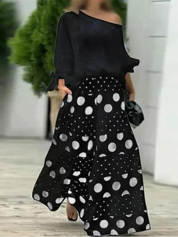 Women Polka Dots Three Quarter Sleeve Comfy Casual Top With Skirt Two-Piece Set