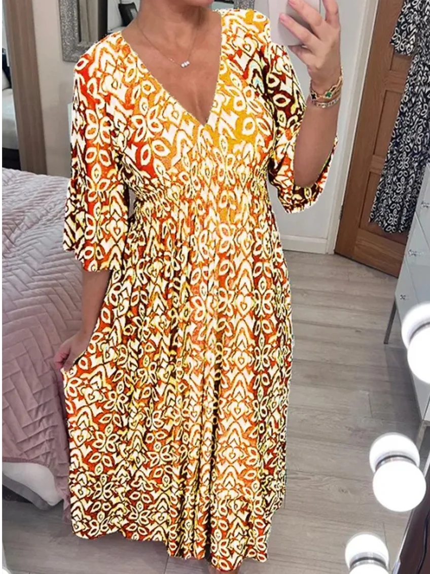 Women Ethnic V Neck Three Quarter Sleeve Comfy Casual Maxi Dress