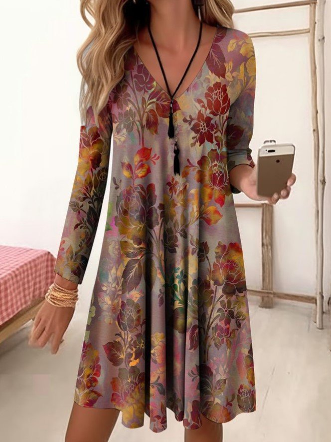 Women Floral V Neck Three Quarter Sleeve Comfy Casual Mini Dress