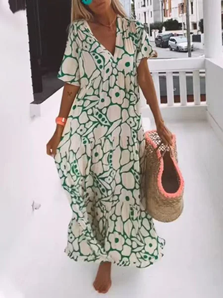 Women Ethnic V Neck Short Sleeve Comfy Casual Maxi Dress