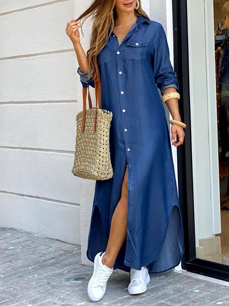 Women Striped Shirt Collar Long Sleeve Comfy Casual Maxi Dress