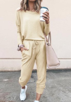 Women Plain Hoodie Long Sleeve Comfy Casual Top With Pants Two-Piece Set