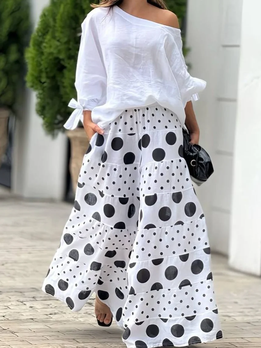 Women Polka Dots Three Quarter Sleeve Comfy Casual Top With Skirt Two-Piece Set