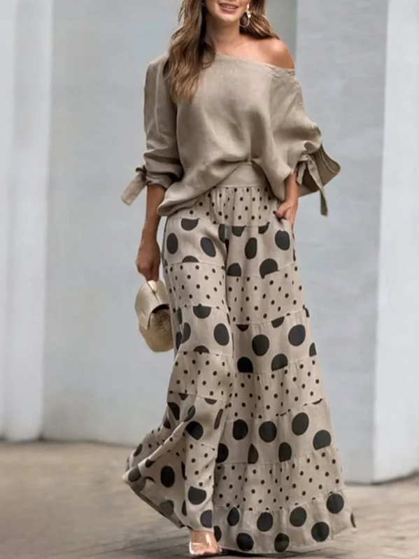 Women Polka Dots Three Quarter Sleeve Comfy Casual Top With Skirt Two-Piece Set