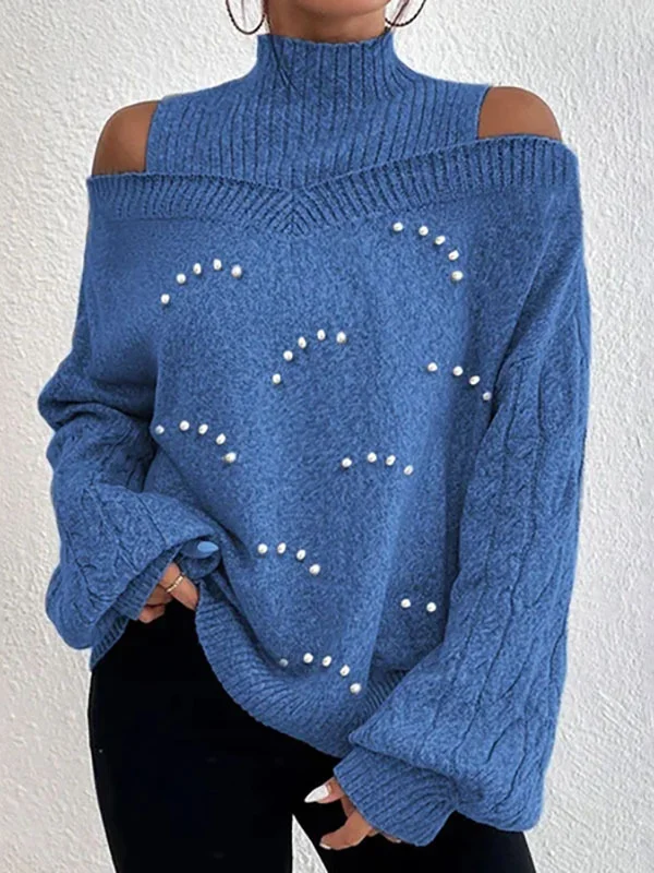 Women Yarn/Wool Yarn Plain Long Sleeve Comfy Casual Beaded Sweater