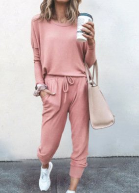 Women Plain Hoodie Long Sleeve Comfy Casual Top With Pants Two-Piece Set