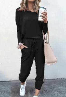 Women Plain Hoodie Long Sleeve Comfy Casual Top With Pants Two-Piece Set