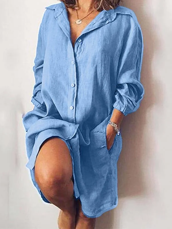 Women Plain Shirt Collar Long Sleeve Comfy Casual Mini Dress