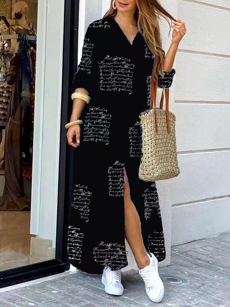 Women Striped Shirt Collar Long Sleeve Comfy Casual Maxi Dress