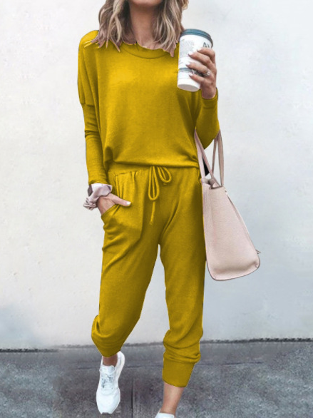 Women Plain Hoodie Long Sleeve Comfy Casual Top With Pants Two-Piece Set