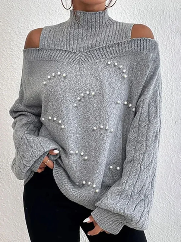 Women Yarn/Wool Yarn Plain Long Sleeve Comfy Casual Beaded Sweater