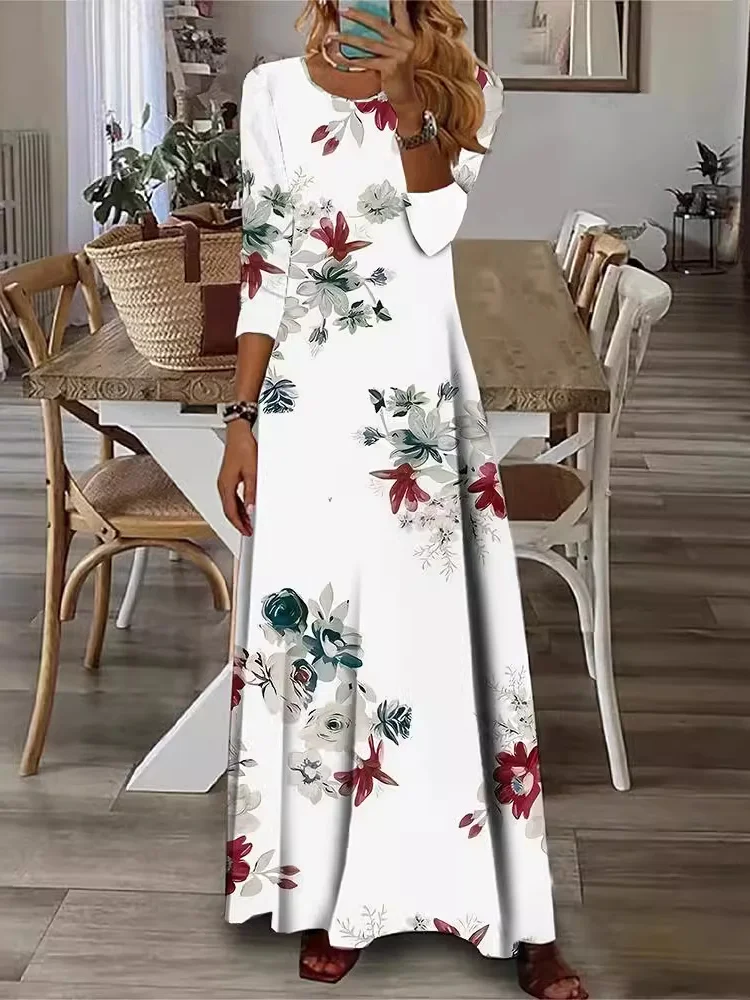 Women Floral Crew Neck Long Sleeve Comfy Casual Maxi Dress