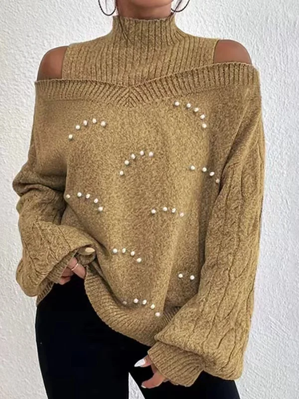 Women Yarn/Wool Yarn Plain Long Sleeve Comfy Casual Beaded Sweater