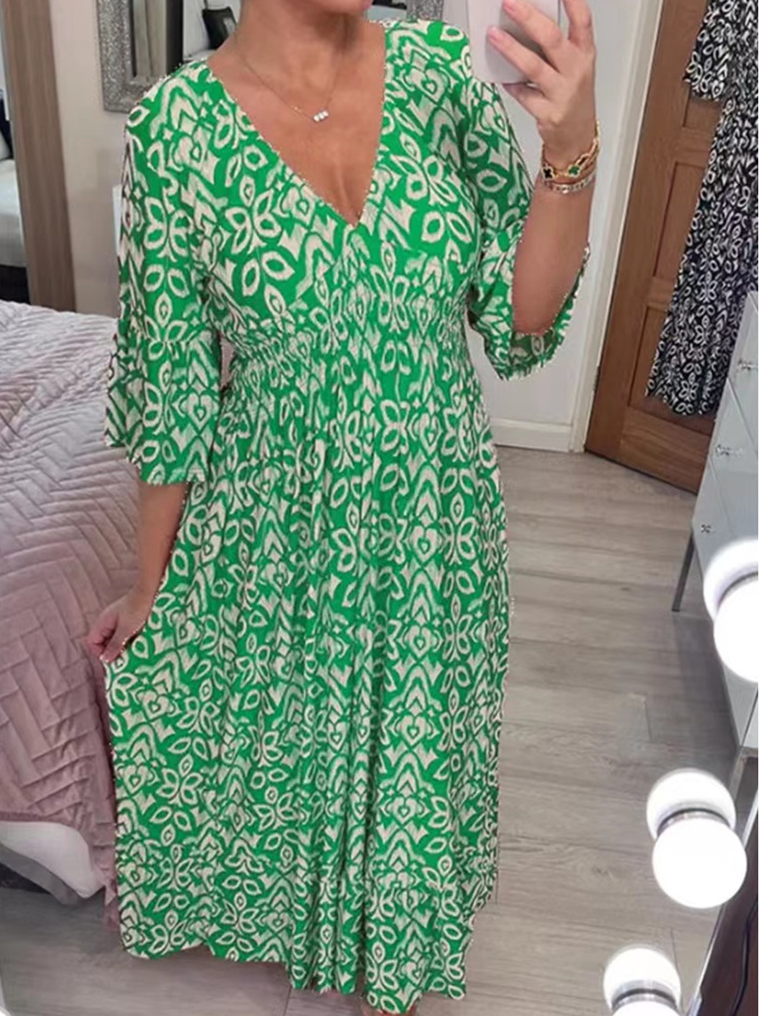 Women Ethnic V Neck Three Quarter Sleeve Comfy Casual Maxi Dress