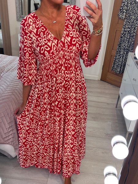 Women Ethnic V Neck Three Quarter Sleeve Comfy Casual Maxi Dress