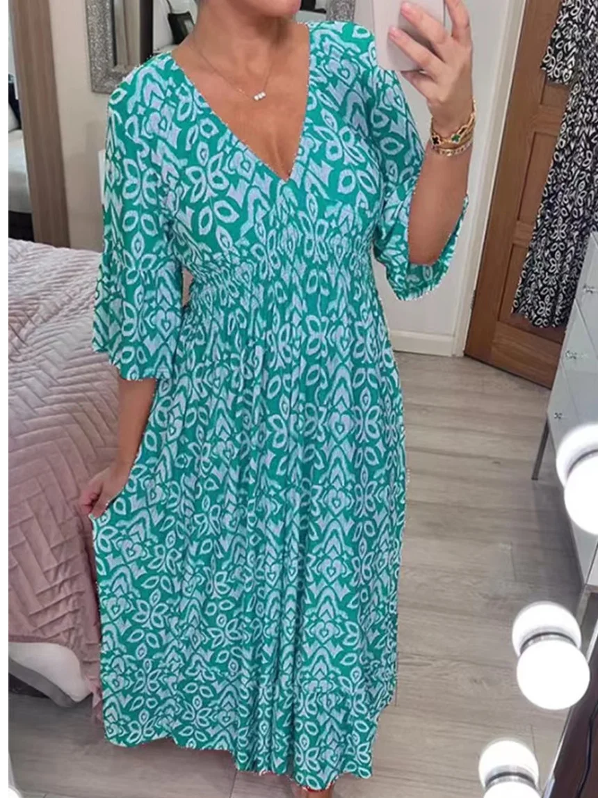 Women Ethnic V Neck Three Quarter Sleeve Comfy Casual Maxi Dress