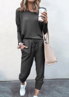 Women Plain Hoodie Long Sleeve Comfy Casual Top With Pants Two-Piece Set