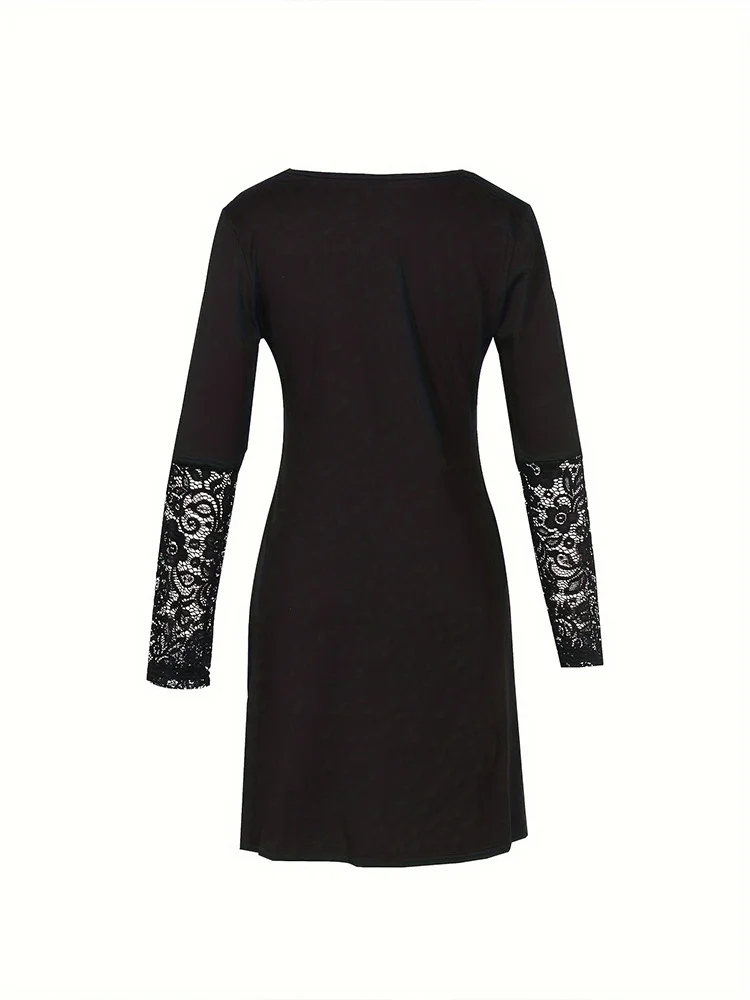 Women Plain V Neck Long Sleeve Comfy Casual Lace Mini Dress