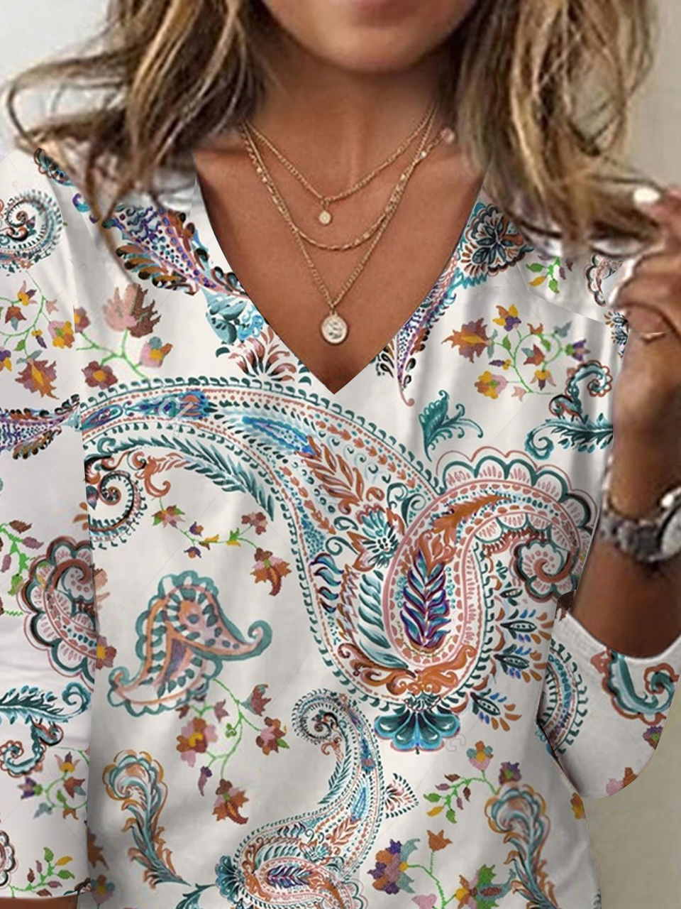 Casual Paisley V Neck Long Sleeve T-shirt