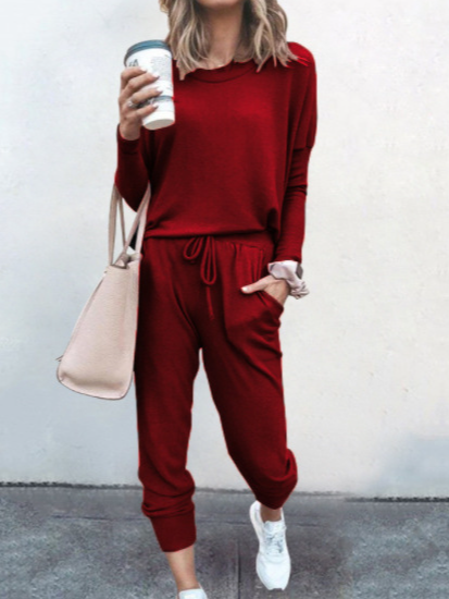 Women Plain Hoodie Long Sleeve Comfy Casual Top With Pants Two-Piece Set