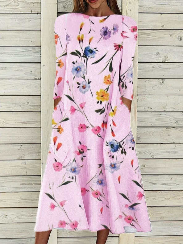 Women Floral Crew Neck Three Quarter Sleeve Comfy Casual Maxi Dress