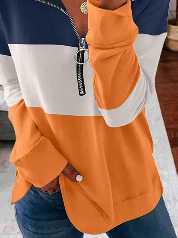 Casual Crew Neck Color Block Sweatshirt Zipper