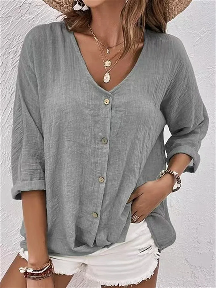 V Neck Long Sleeve Ombre Regular Loose Shirt For Women