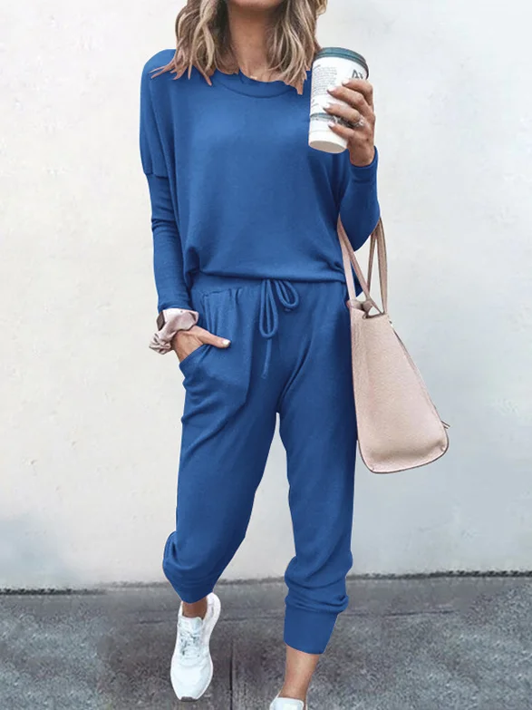 Women Plain Hoodie Long Sleeve Comfy Casual Top With Pants Two-Piece Set