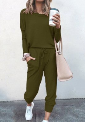 Women Plain Hoodie Long Sleeve Comfy Casual Top With Pants Two-Piece Set